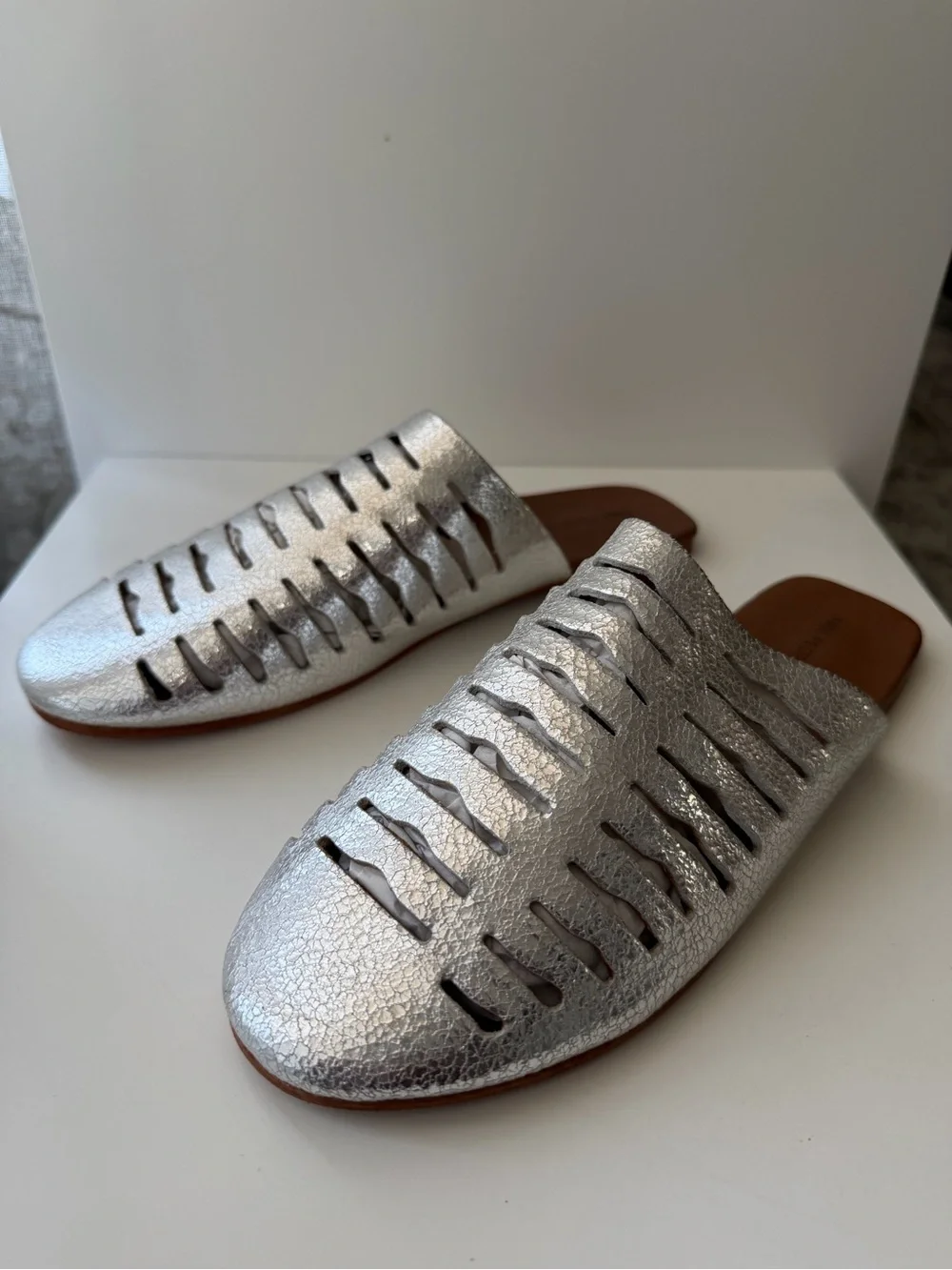 Free People Slice of Sun Silver Leather Cutout Mule Flats - Size 7.5 NWT